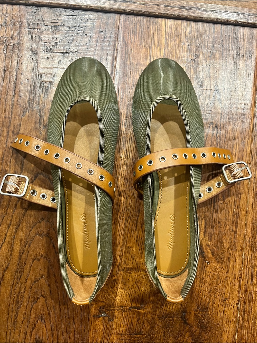 Madewell Olive Canvas Mary Jane Flats with Tan Grommet Strap